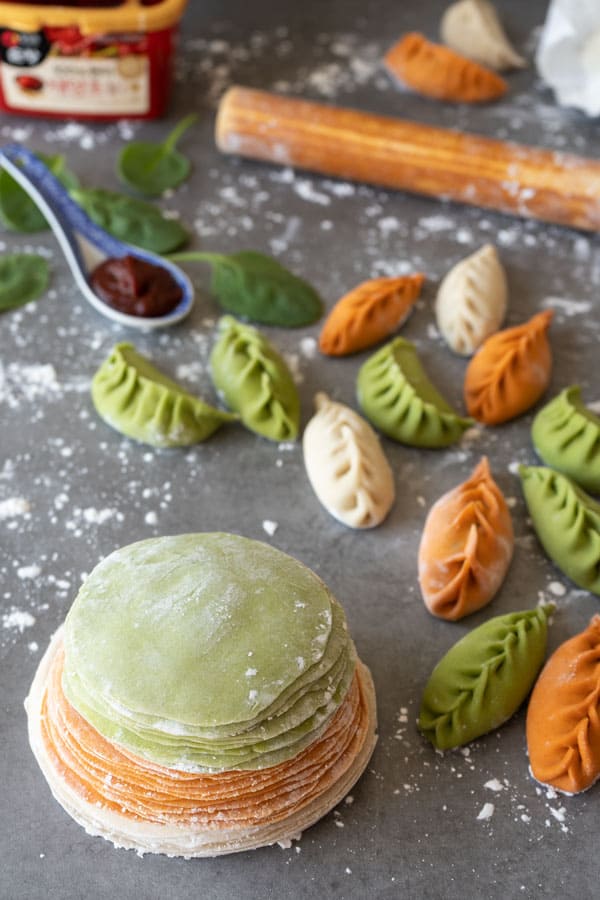 Colored dumpling sheets on a table