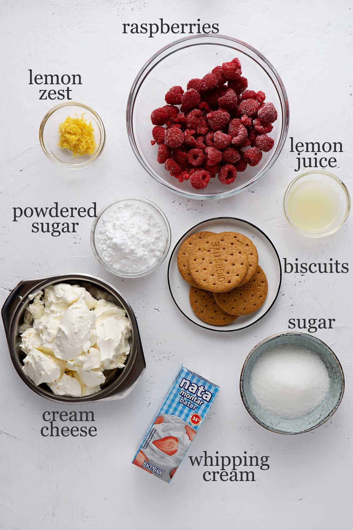 ingredients for raspberry cheesecake shots.