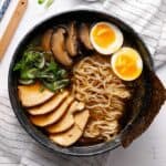 chicken ramen bowl overhead view.