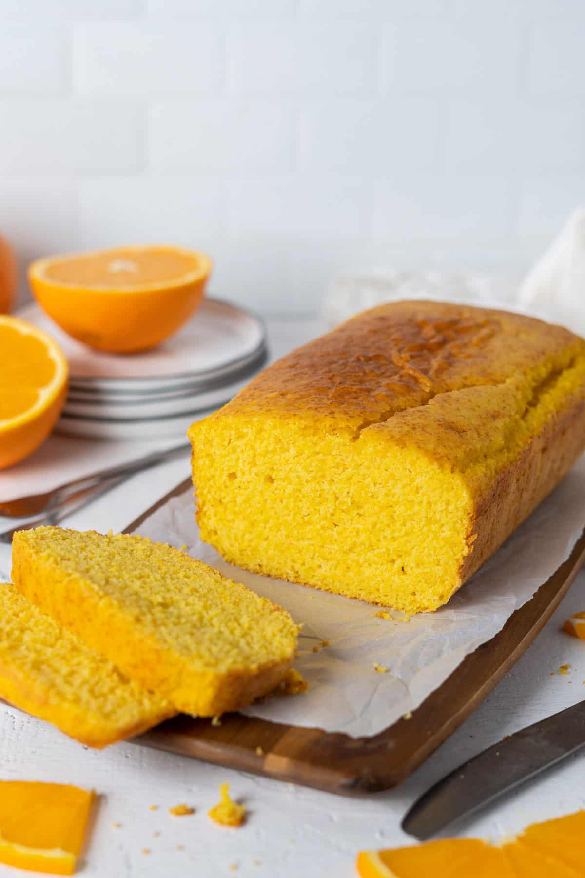 Whole orange blender cake sliced view from front