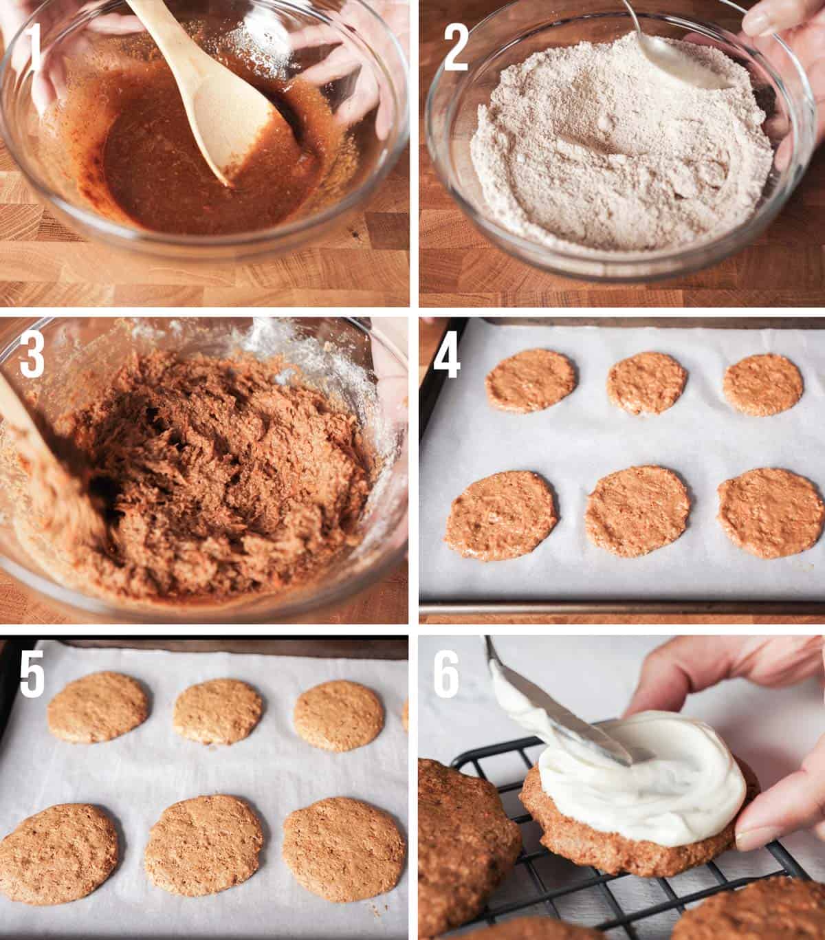 Process of how to make healthy carrot cake cookies.