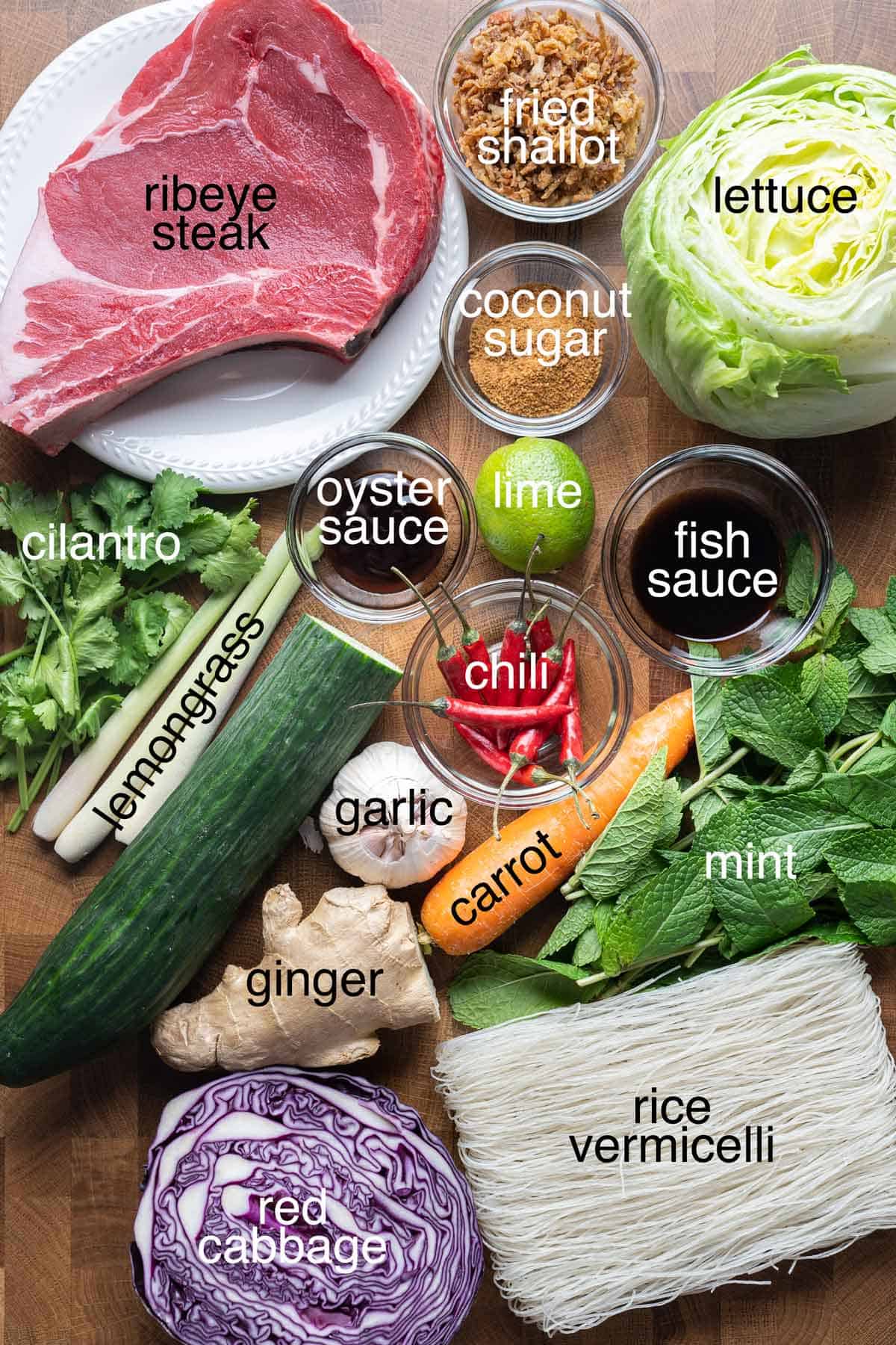 Ingredients to make Vietnamese lemongrass beef noodles salad.