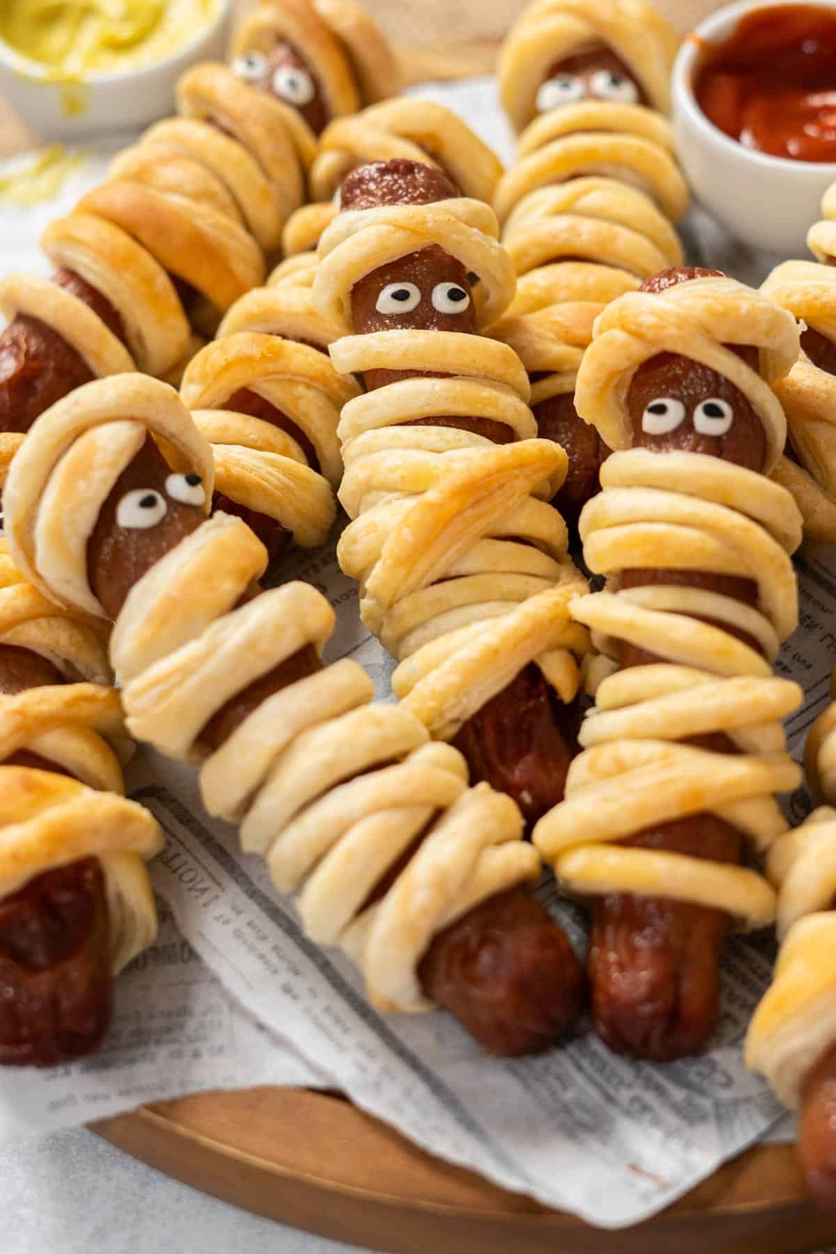 Close up of hot dog mummies.