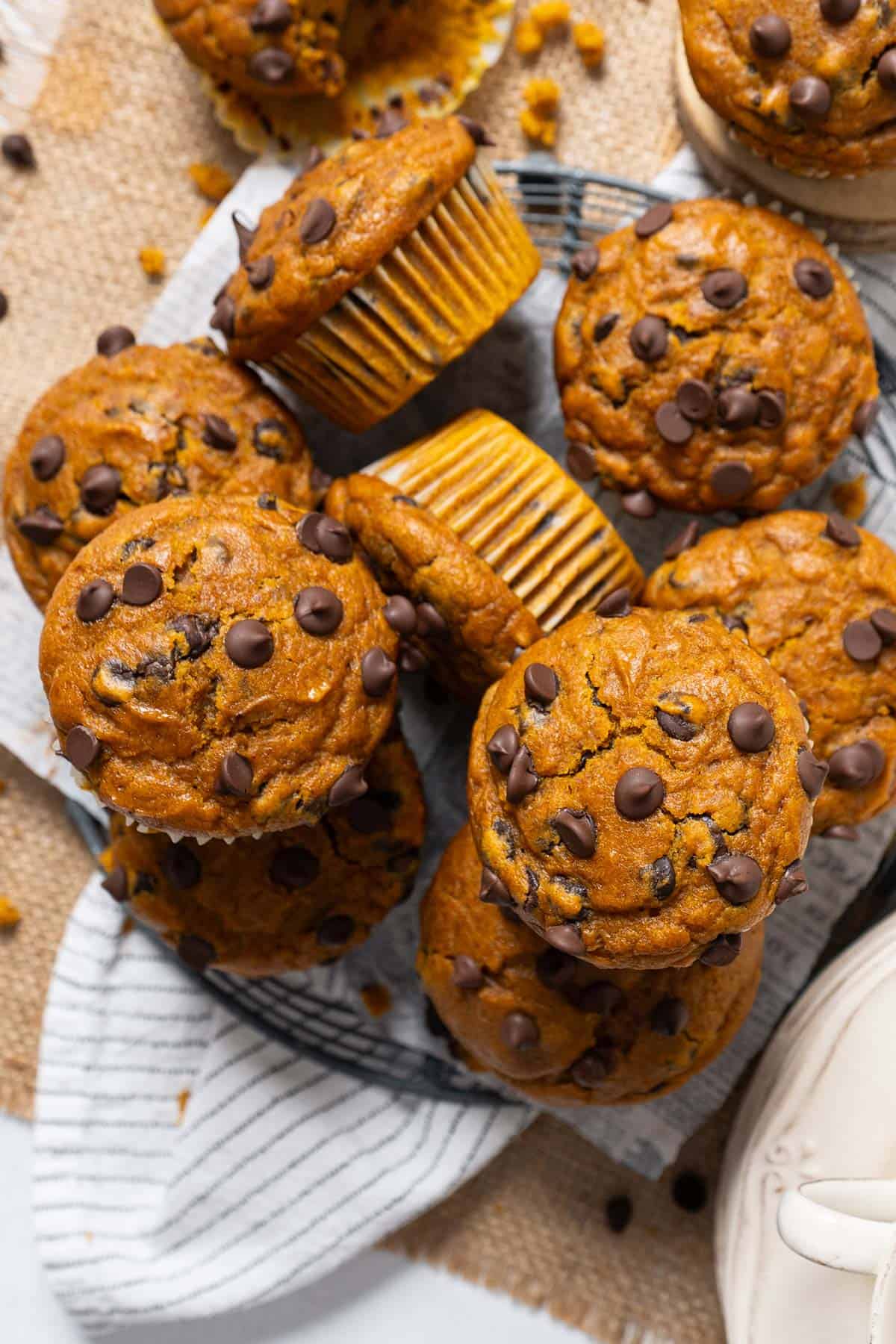 Pumpkin chocolate chip muffins on a rack view from the top.