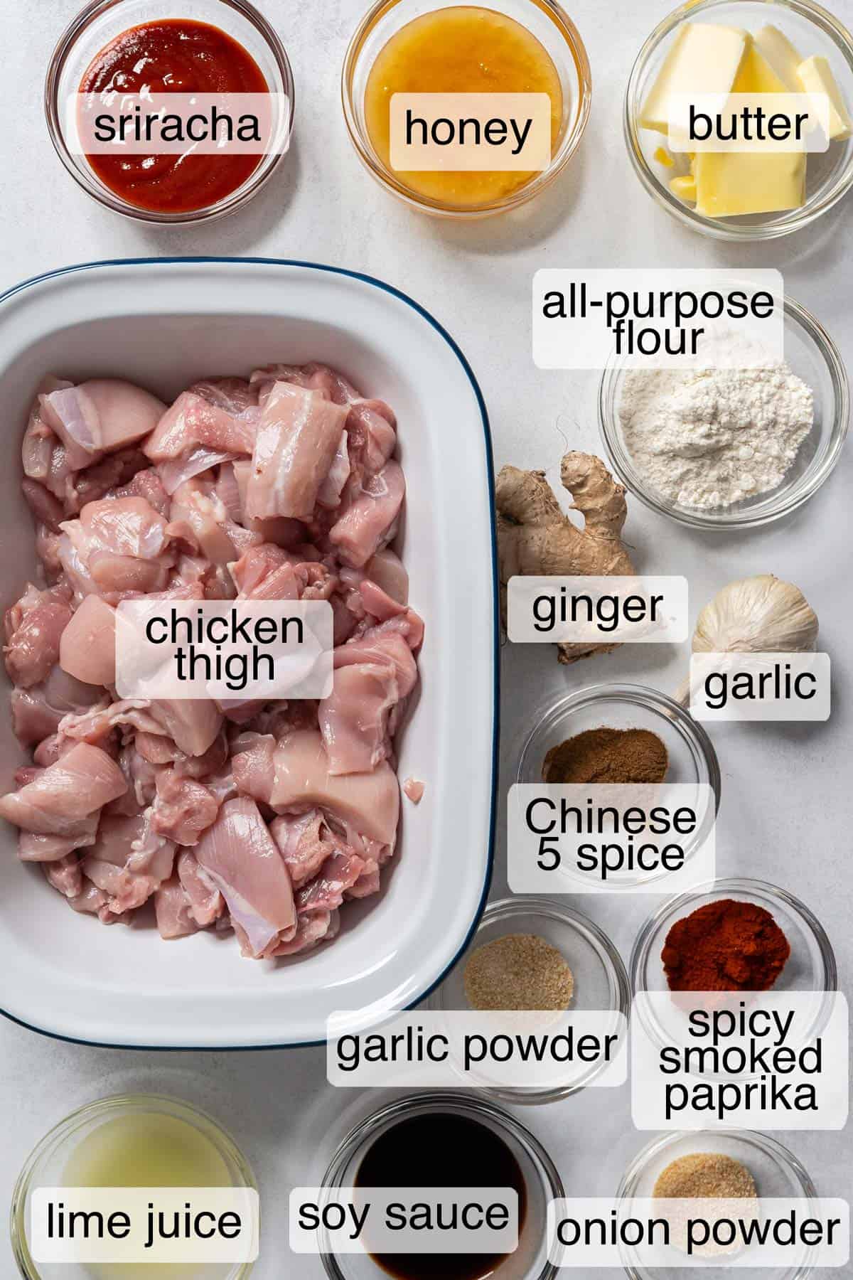 Ingredients to make honey sriracha chicken.