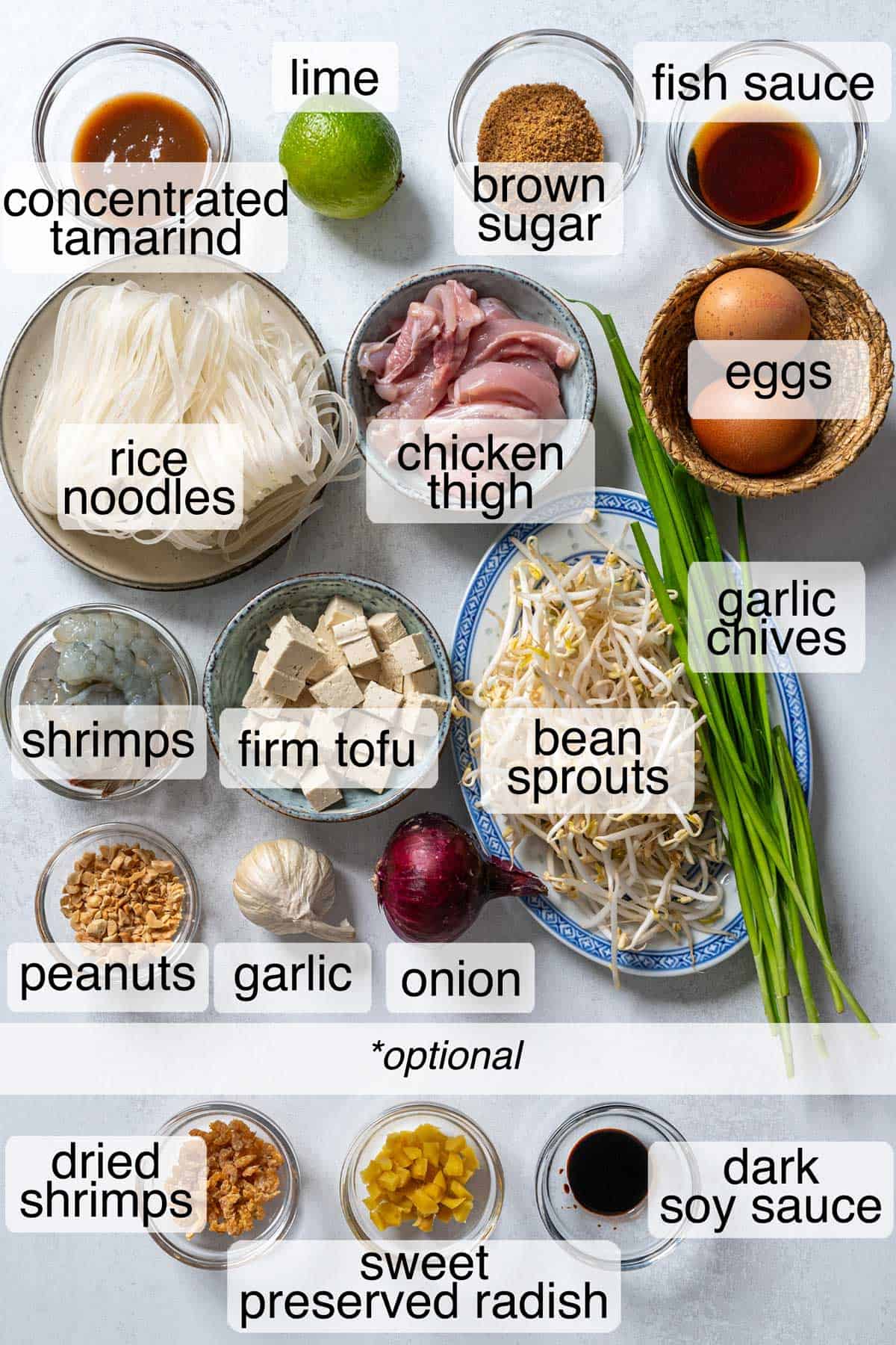 Ingredients to make authentic pad Thai.
