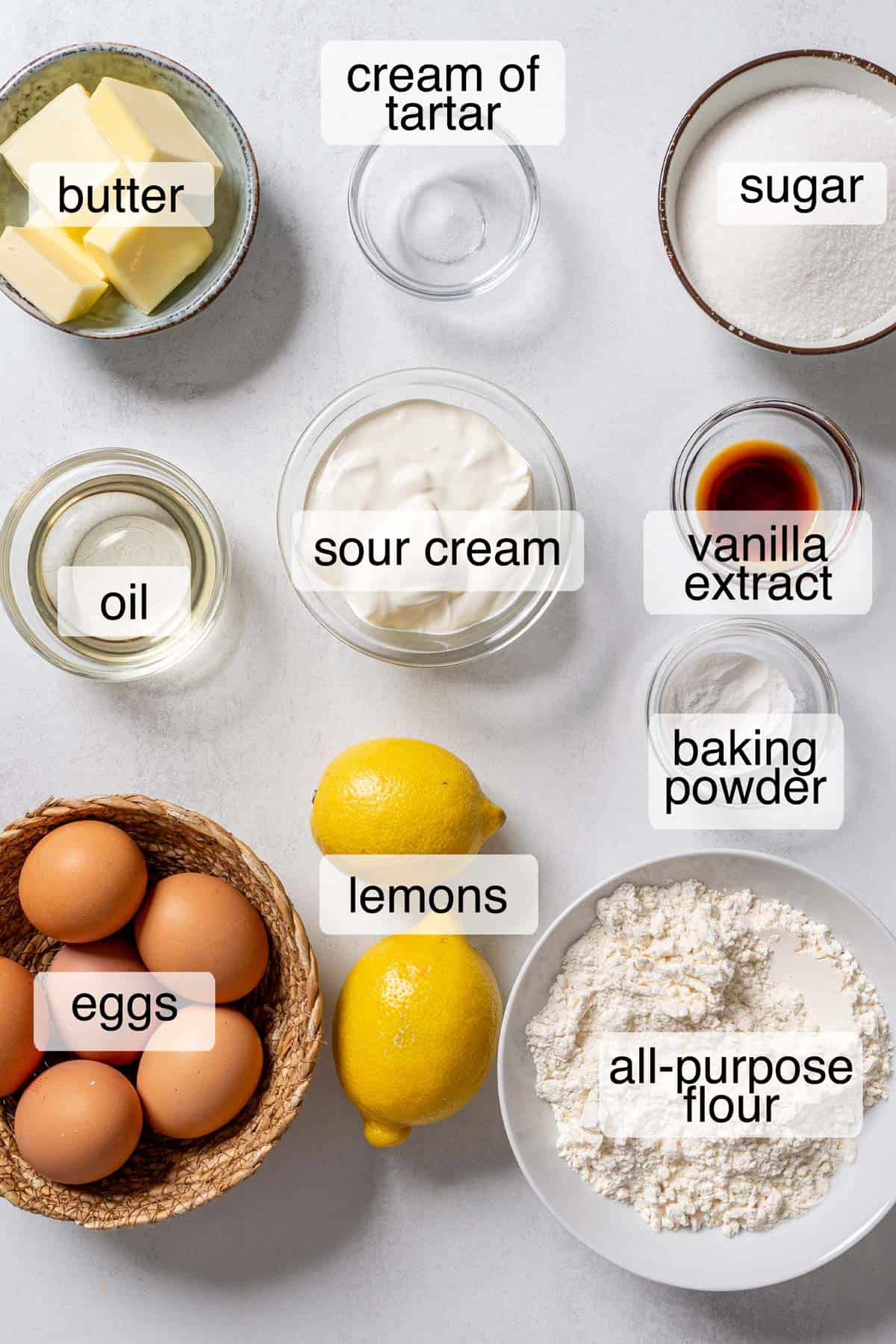 Ingredients to make lemon meringue cupcakes.