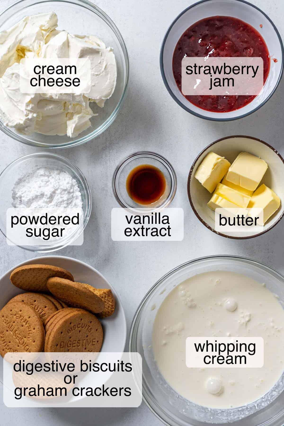 Ingredients to make no-bake strawberry cheesecake.