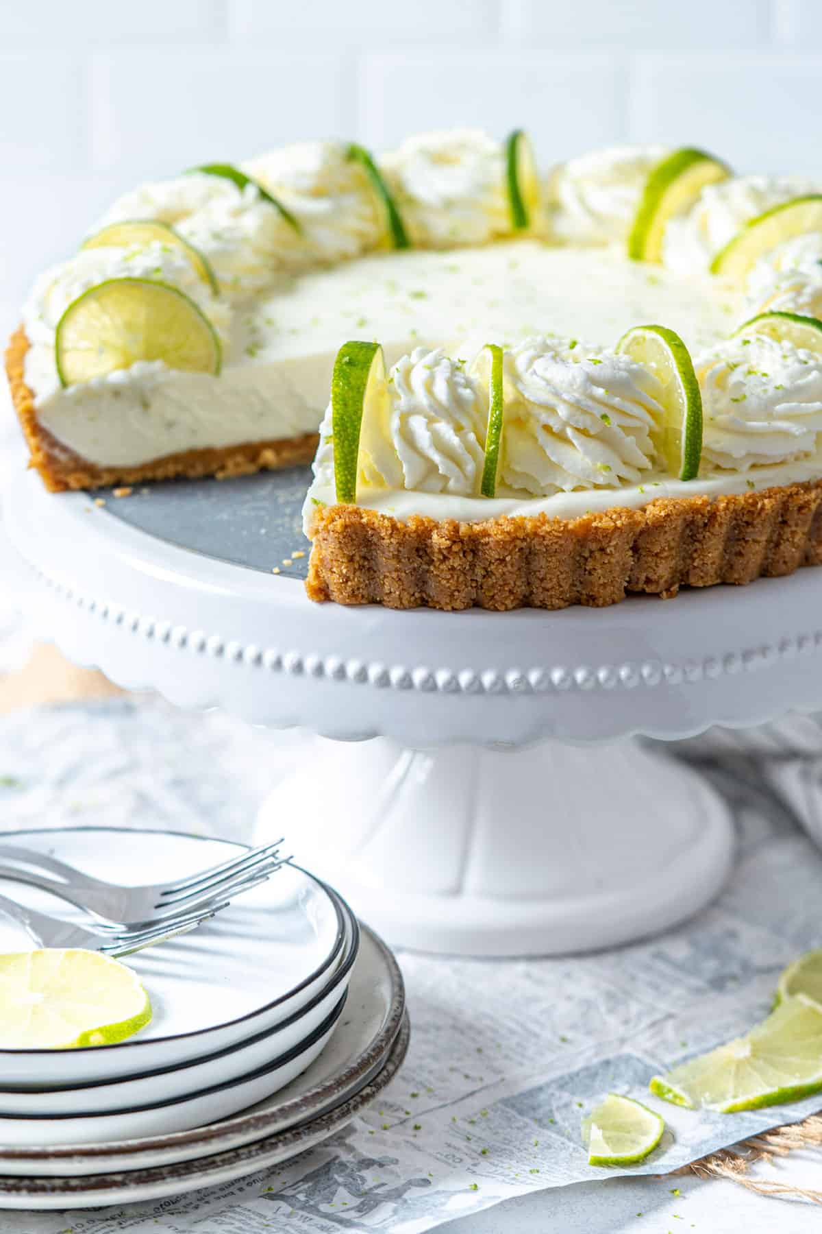 The whole pie on a cake stand.