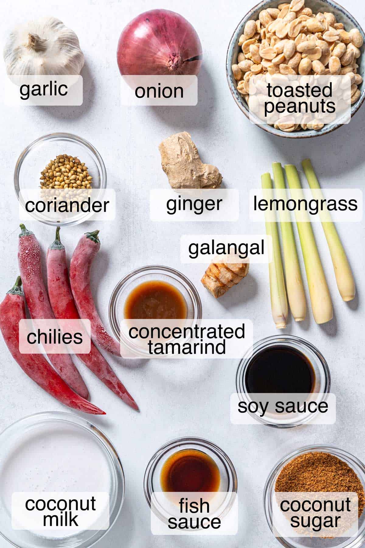 Ingredients to make Malaysian satay sauce.