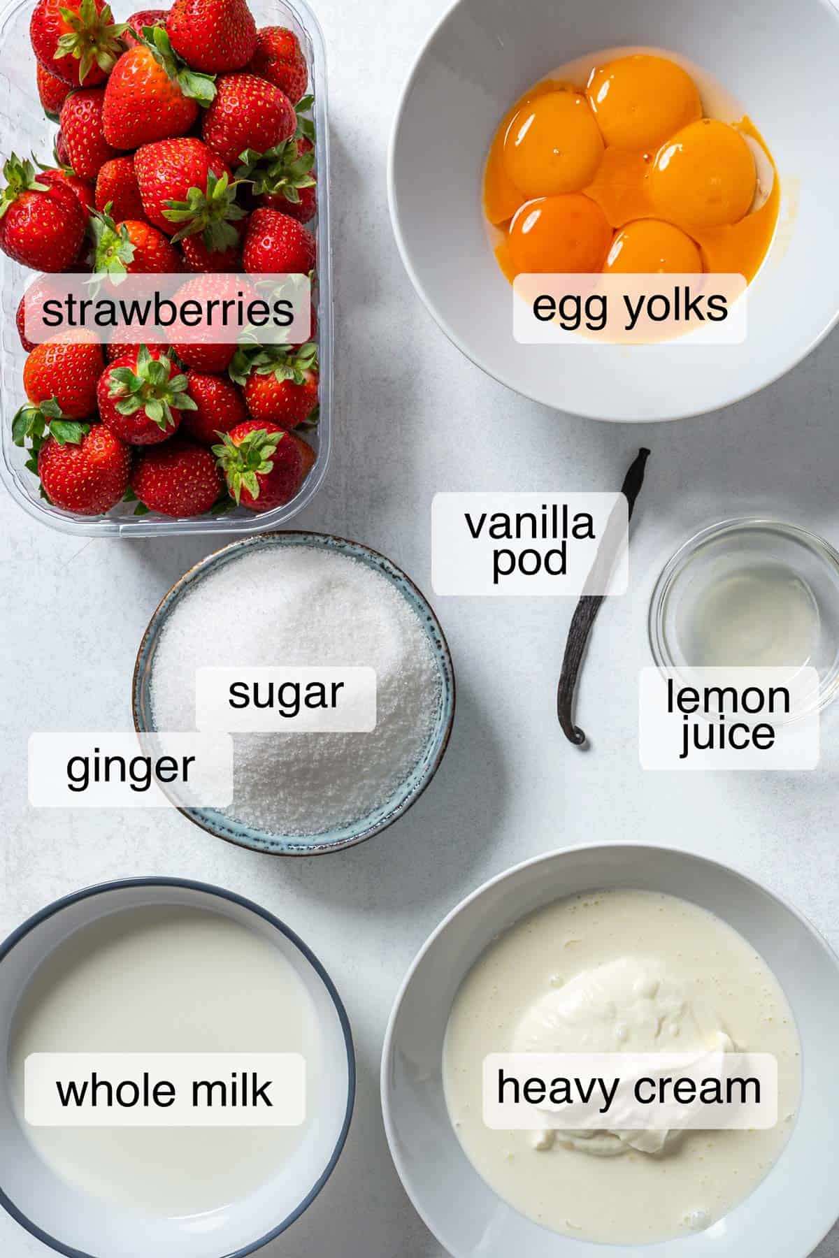 Ingredients to make strawberry ice cream.