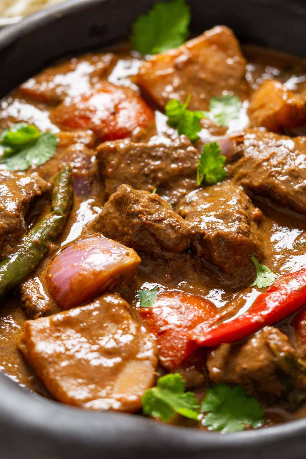 Close up of Malaysian beef kurma.