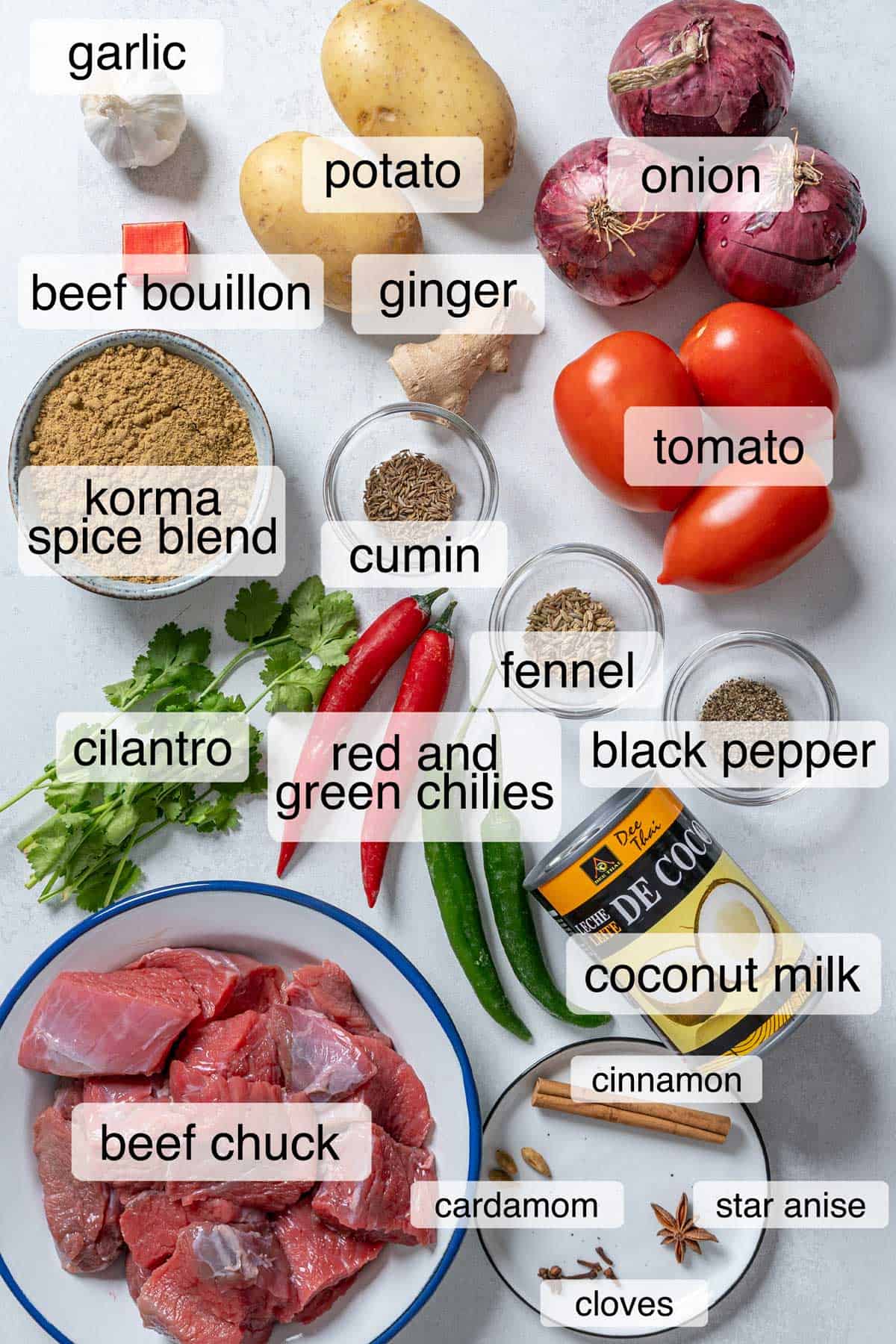 Ingredients to make beef korma.