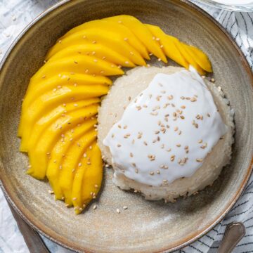 Mango sticky rice in a plate.