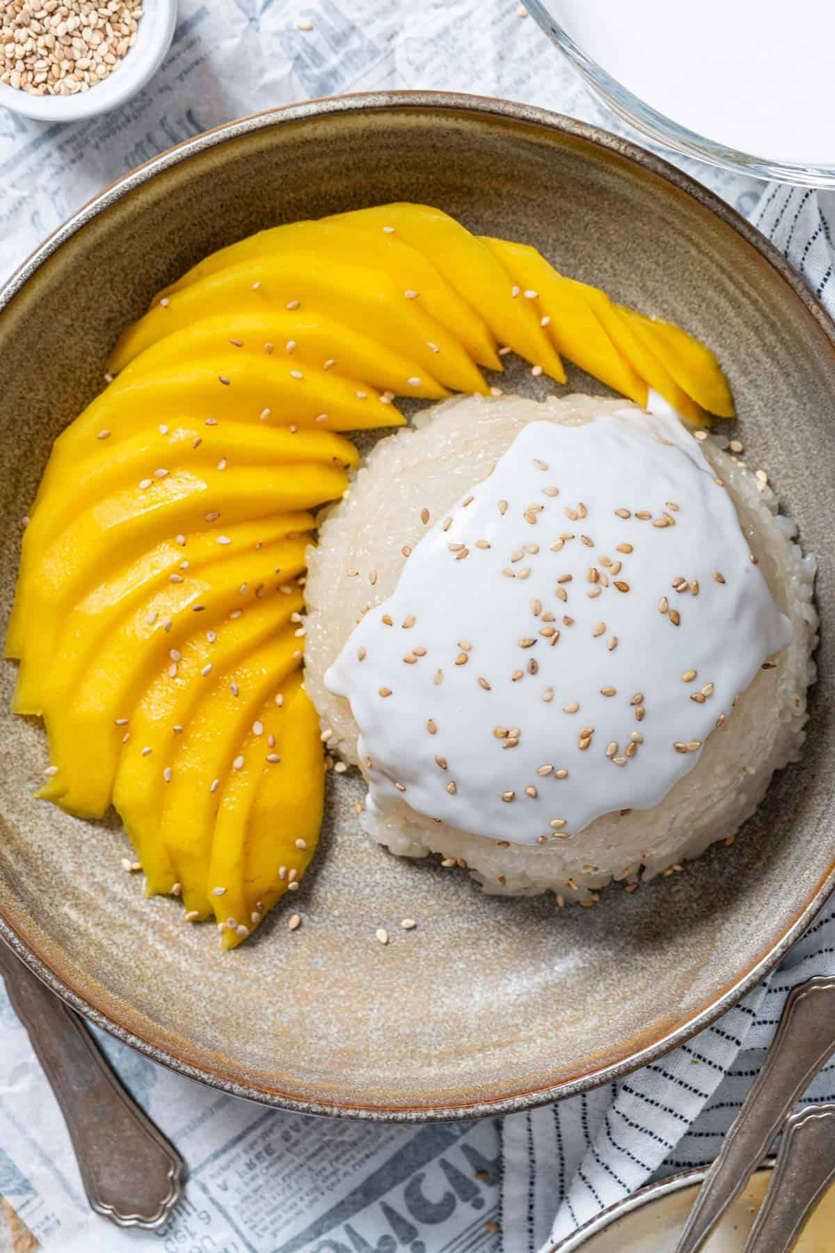 Mango sticky rice in a plate view from top.