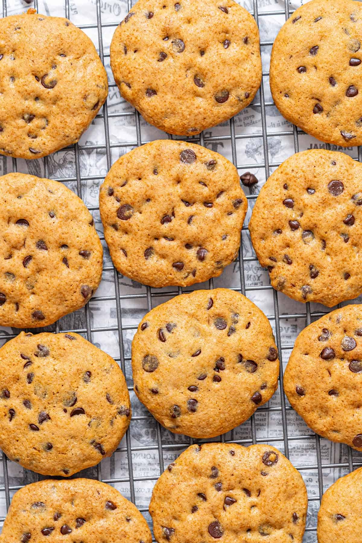 Almond flour chocolate chip cookies on a cooling rack.