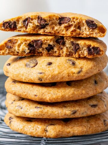 Healthy chocolate chip cookies stacked.