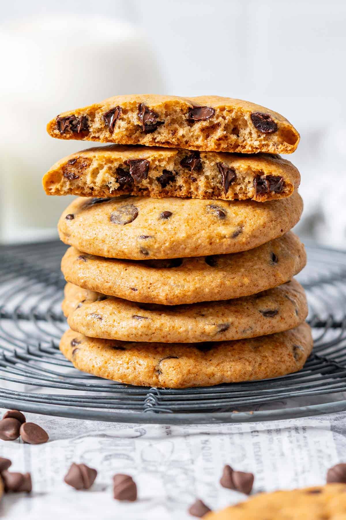 Healthy chocolate chip cookies stacked.