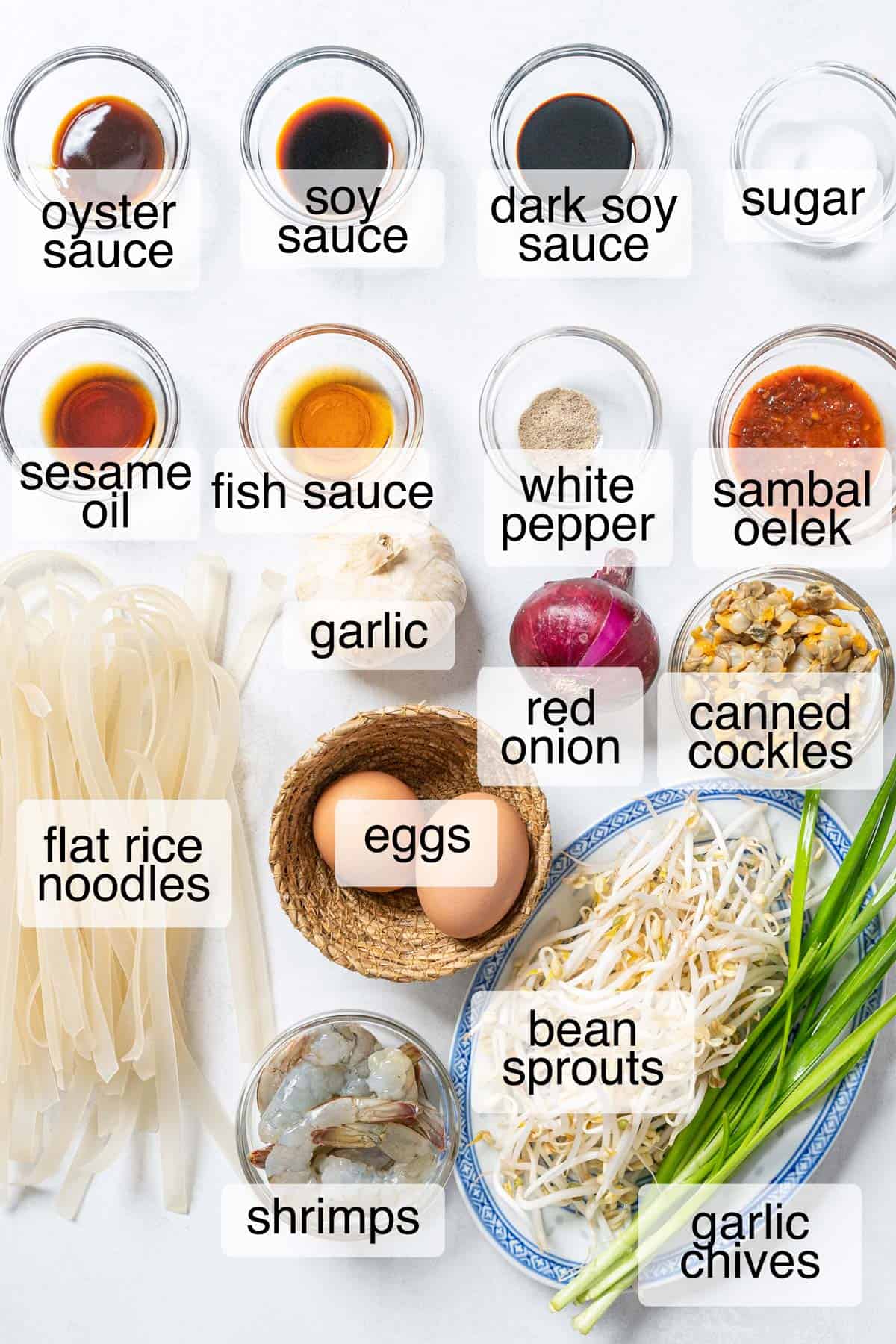 Ingredients to make char kway teow.