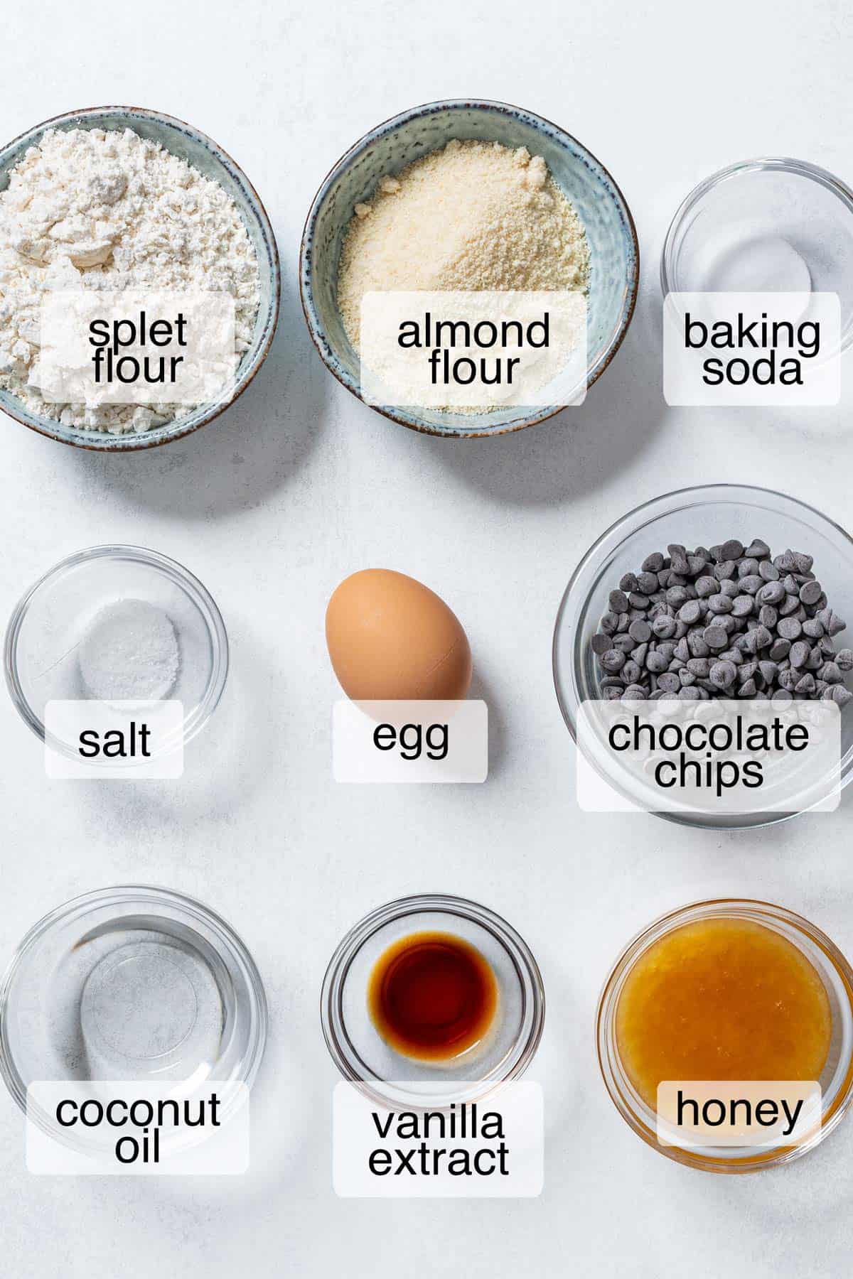 Ingredients to make healthy chocolate chip cookies.