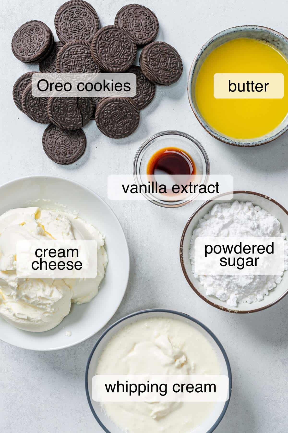 Ingredients to make no-bake Oreo cheesecake.