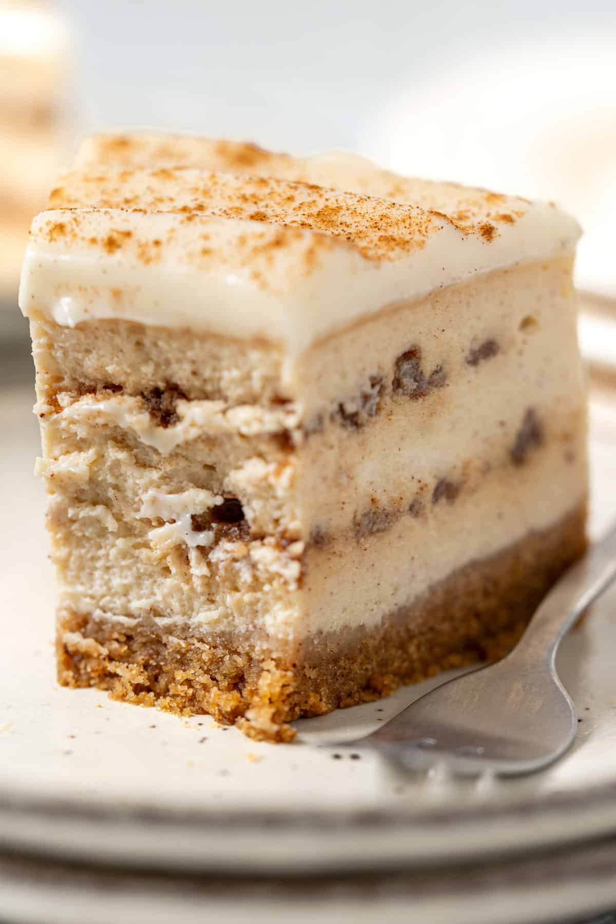 Close up texture of cinnamon roll cheesecake.