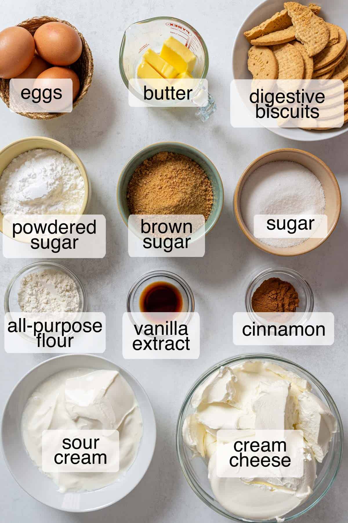 Ingredients for cinnamon roll cheesecake.