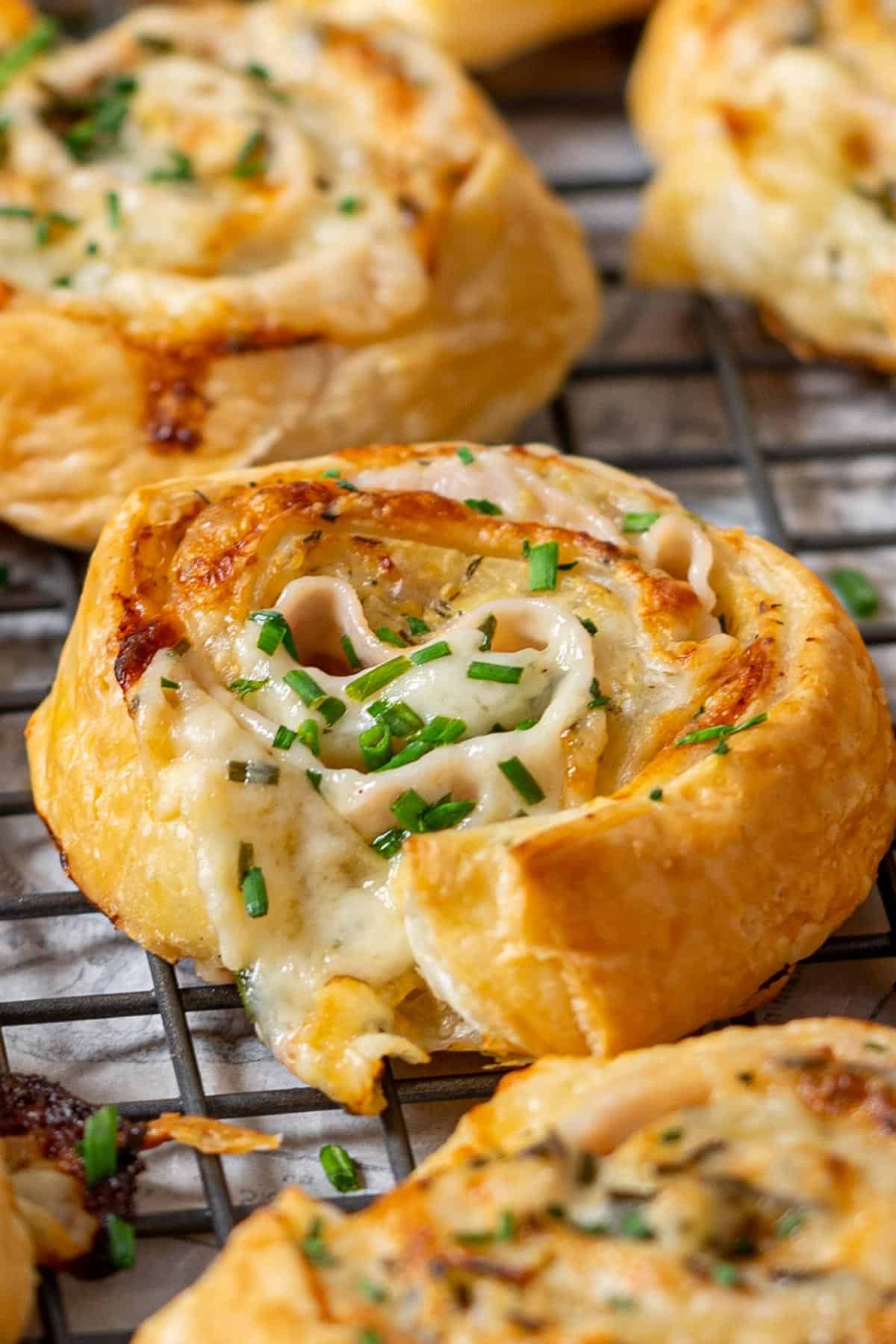 Close up of puff pastry pinwheels.