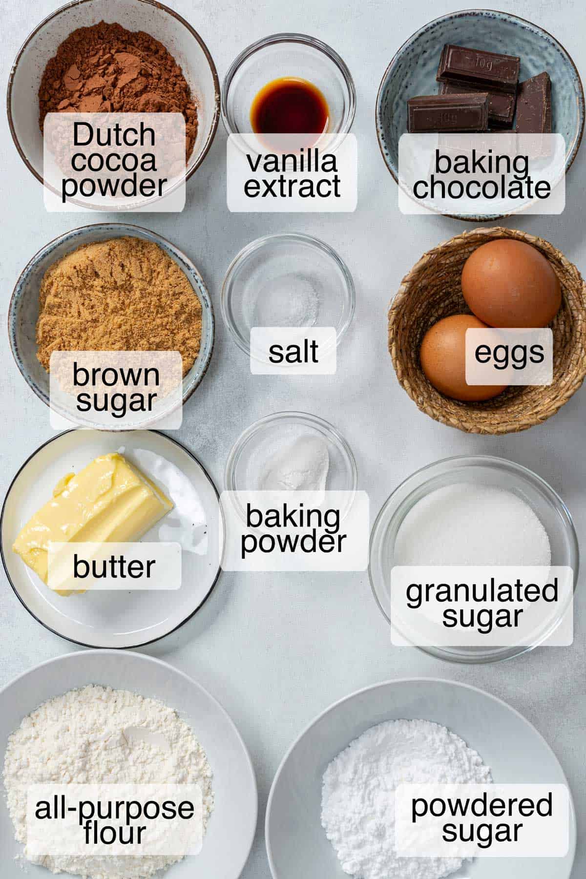 Ingredients to make chocolate crinkle cookies.