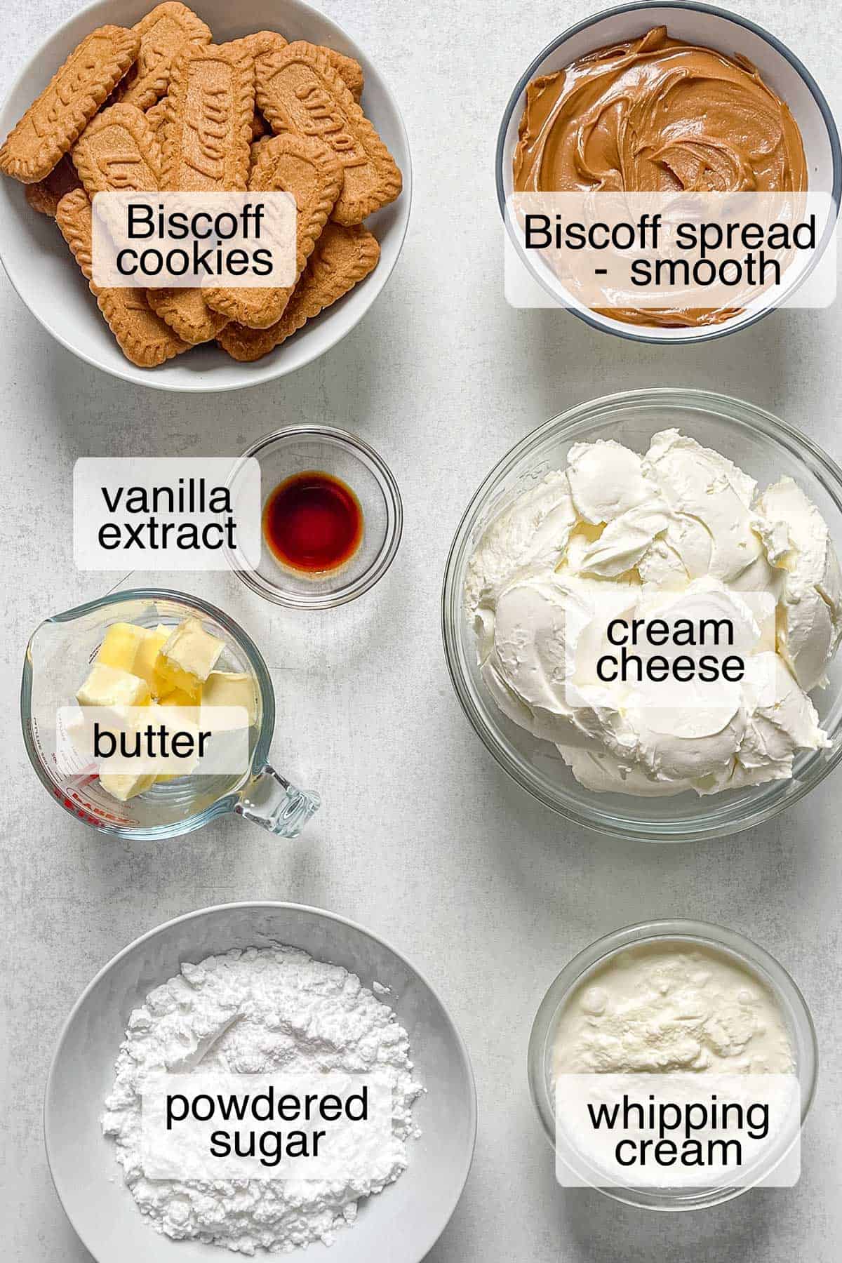 Ingredients to make no-bake Biscoff cheesecake.