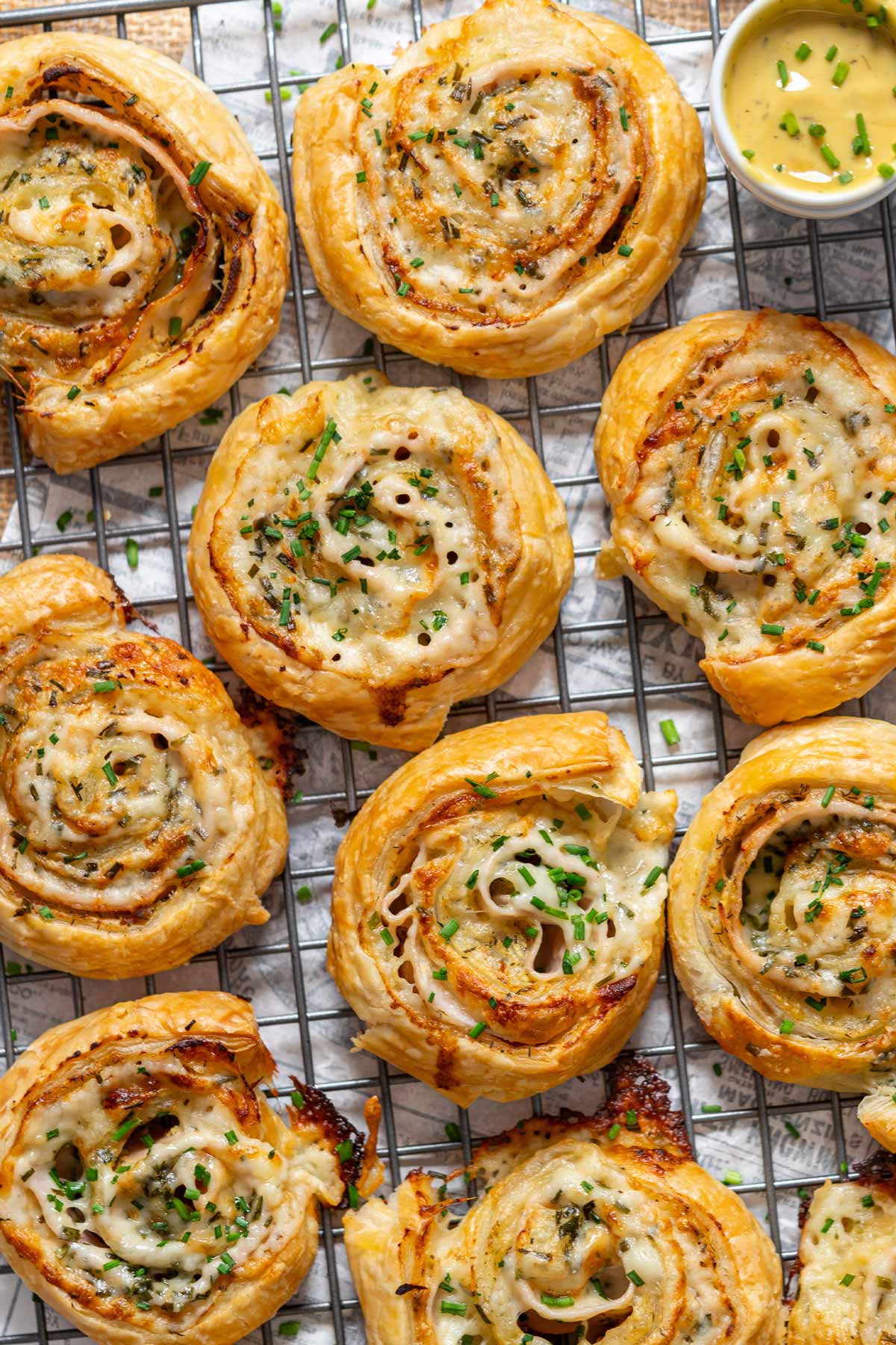 Turkey and cheese puff pastry pinwheels.